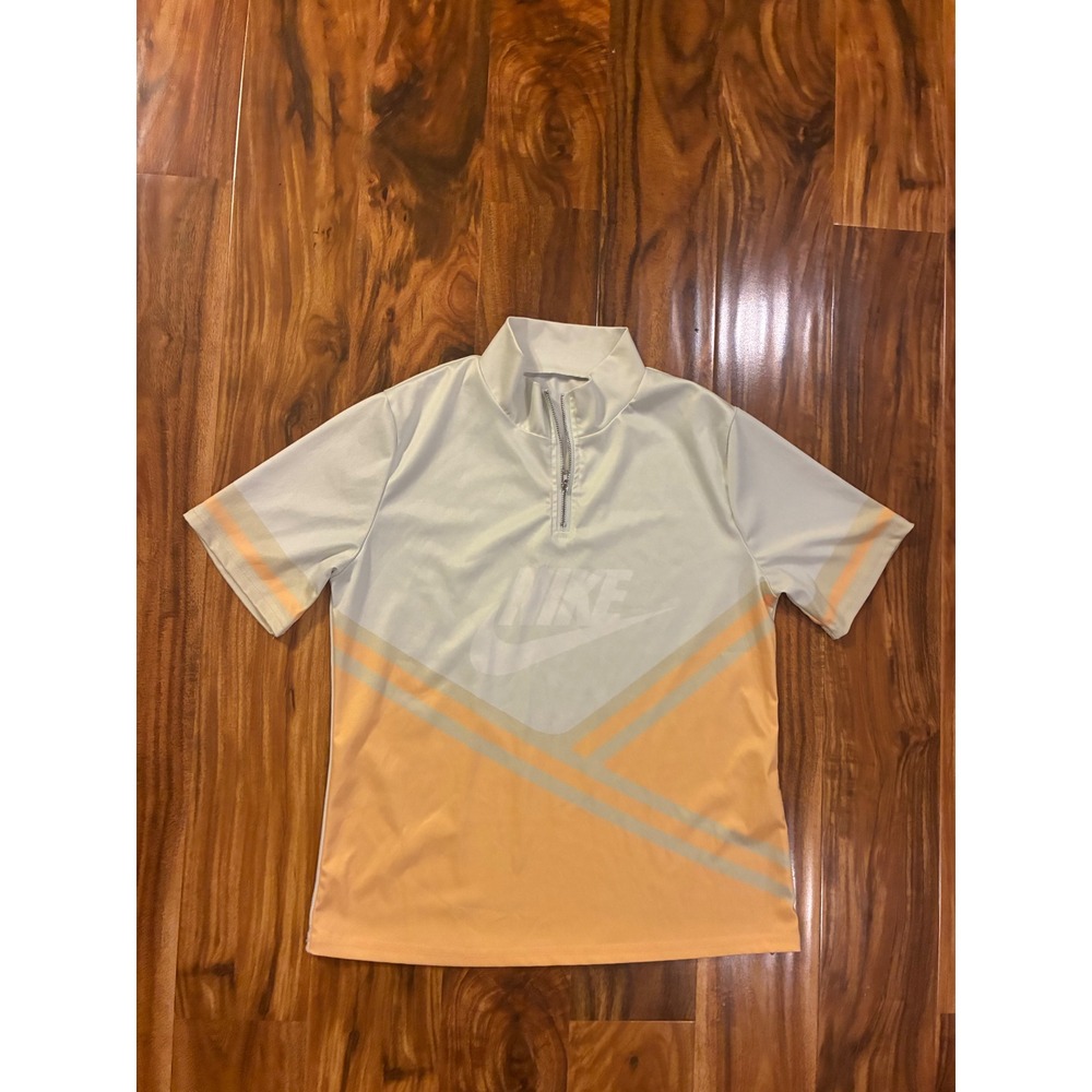 Nike Womens Quarter Zip Short Sleeve Shirt Grey Orange‎ Striped Mock Neck Top